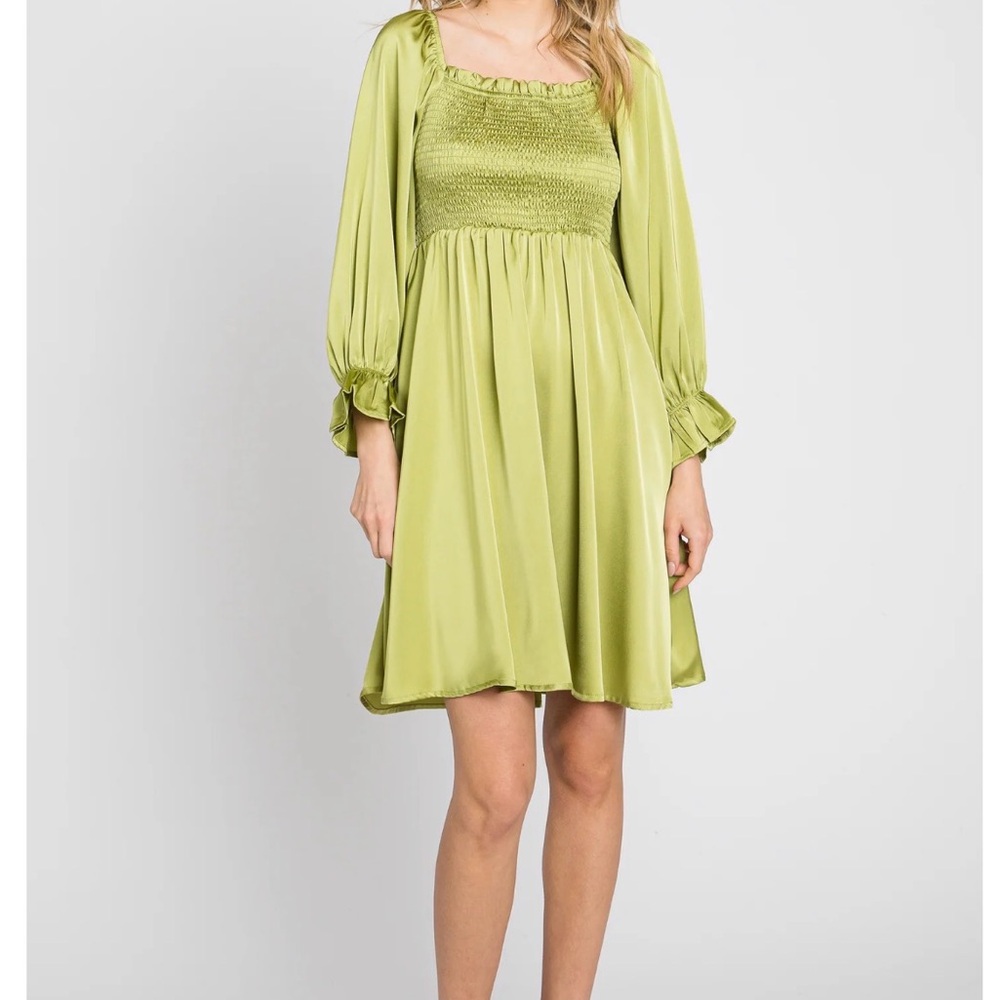 Lime Satin Smocked Square Neck Dress